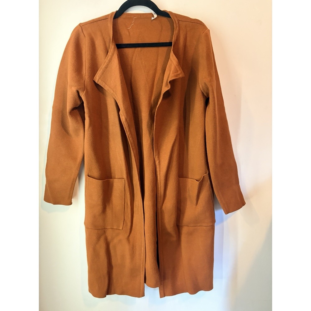 Rust Orange Open Front Duster Cardigan Medium Lightweight Knit Pockets